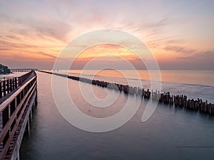 Sea view near mangrove forest with man made wooden barrier for wave protection, under morning twilight colorful sky