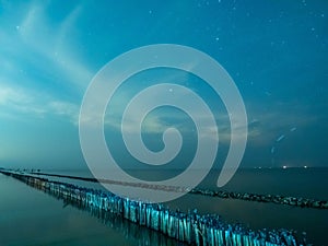 Sea view near mangrove forest with man made wooden barrier for wave protection, under starry nigh cloudy sky