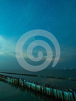 Sea view near mangrove forest with man made wooden barrier for wave protection, under starry nigh cloudy sky