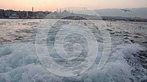 Sea view from a passenger boat in Istanbul. Half speed slow motion.