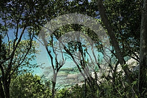 Sea view through rainforest. Round large stones and azure clear water. Beautiful Paradise lagoon.