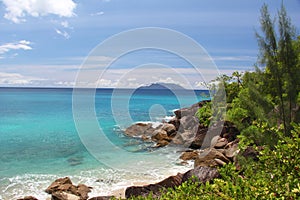 Sea view with rocks on the Seychelles