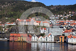 Sea view of Rothaugen School on the top of the cliff in Bergen city
