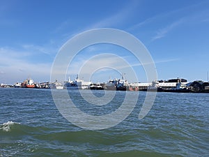 Sea view with ship and blue sky
