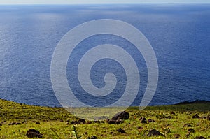 Sea view from the slopes of volcano Terevaka, Rapa Nui Easter Island