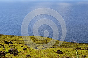 Sea view from the slopes of volcano Terevaka, Rapa Nui Easter Island