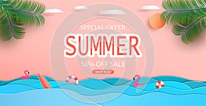 Sea view and Summer sale banner design with paper cut