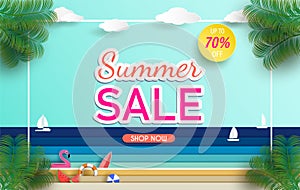 Sea view and Summer sale banner design with paper cut