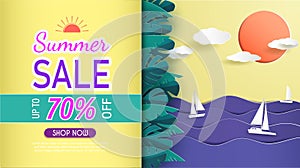 Sea view and Summer sale banner design with paper cut