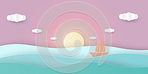 Sea view with sun set sky, floating sailing boat and cloud. Paper art cut out styled. vector illustration