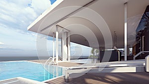 sea view from swimming pool deck in white house architecture design 3d illustration