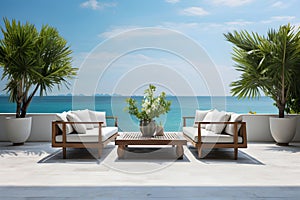 Sea view terrace or outdoor living room with sofa, tropical plants in luxury beach house or modern villa. Home interior, tropical