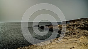 Sea view to Azure window natural arch, now vanished, Gozo island, Malta