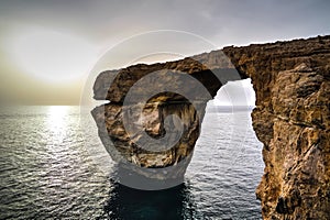 Sea view to Azure window natural arch, now vanished, Gozo island, Malta