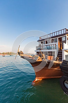 Sea view with tourist boat, beach of Sihanoukville. Cambodia