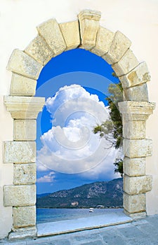 Sea view through traditional greek window