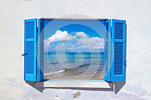 Sea view through traditional greek window