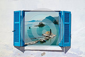 Sea view through traditional greek window