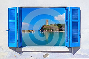 Sea view through traditional greek window