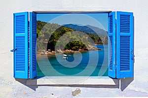 Sea view through traditional greek window