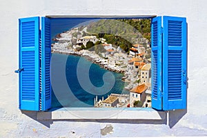 Sea view through traditional greek window