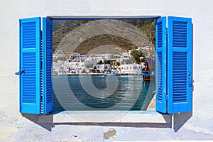 Sea view through traditional greek window