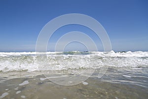 Sea view from tropical beach with sunny sky. Summer paradise beach of Samui island.Exotic summer beach with clouds on horizon.