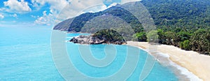 Sea view on tropical island beach, ocean panorama, mountain viewpoint landscape, Koh Phangan, Thailand, Southeast Asia