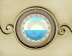 Sea in vintage metallic porthole