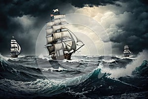 sea voyage with sailing boats over waves sailing in a storm