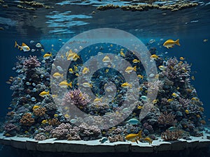 Sea water aquarium of caral and tropical fishes. Generative Ai