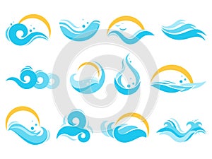 Sea water icons. Ocean waves, agua splash and blue river wave. Lake waters, flowing surface isolated vector icon illustration set