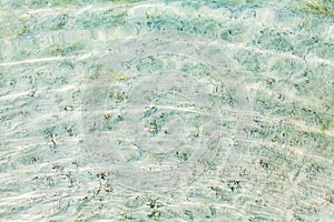 Sea water ripples texture, water waves surface, transparent light blue ocean water top view, clear aqua background, underwater
