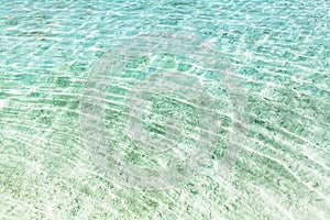 Sea water ripples texture, water waves surface, transparent light blue ocean water top view, clear aqua background, underwater