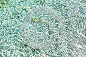 Sea water ripples texture, water waves surface, transparent light blue ocean water top view, clear aqua background, underwater