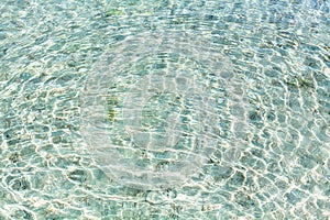 Sea water ripples texture, water waves surface, transparent light blue ocean water top view, clear aqua background, underwater