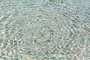 Sea water ripples texture, water waves surface, transparent light blue ocean water top view, clear aqua background, underwater