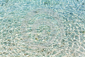 Sea water ripples texture, water waves surface, transparent light blue ocean water top view, clear aqua background, underwater