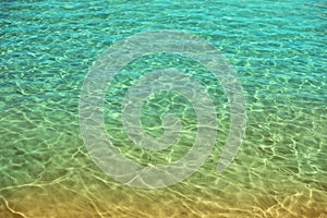 Sea water and sand on sea beach. Abstract texture with copy space for your text. Summer, holiday and travel concept