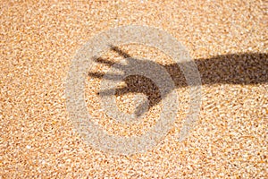 Sea water shadow from man`s hand on sand background texture