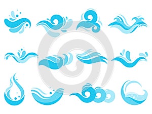 Sea water splash. Spa pool waves, ocean surf tide and waters swirls isolated vector icons illustration set