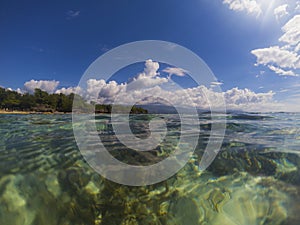 Sea water and sunny blue sky double landscape photo. Tropical seaside banner.