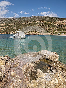 Sea water, waves beautiful sea view orthodox church. Natural living. Pelion peninsula. Pagasetic gulf. Platanias village. Greece.