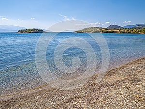 Sea water, waves beautiful sea view orthodox church. Natural living. Pelion peninsula. Pagasetic gulf. Platanias village. Greece.