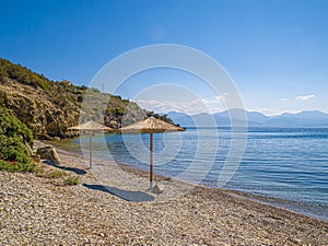 Sea water, waves beautiful sea view orthodox church. Natural living. Pelion peninsula. Pagasetic gulf. Platanias village. Greece.