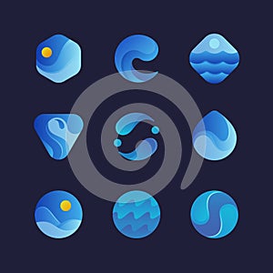 Sea water waves logos, blue wave splash abstract emblems. Isolated vector set