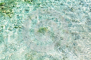 Sea water ripples texture, water waves surface, transparent light blue ocean water top view, clear aqua background, underwater