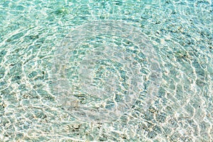 Sea water ripples texture, water waves surface, transparent light blue ocean water top view, clear aqua background, underwater