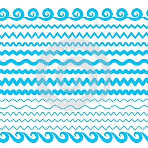 Sea Water Waves Vector Seamless Borders, Aqua Elements or Tide Lines