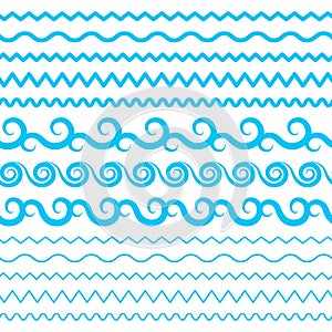 Sea Water Waves Vector Seamless Borders, Aqua Elements or Tide Lines